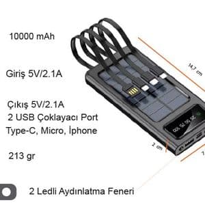 ED258 10000 mAh Güneş Enerjili (Dahili Kablolu) Powerbank