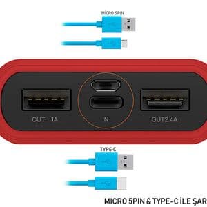 ED286  S-link IP-S110 10000mAh 2*Usb Port+Micro+Type C Powerbank Kırmızı Taşınabilir Pil Şarj Cihazı