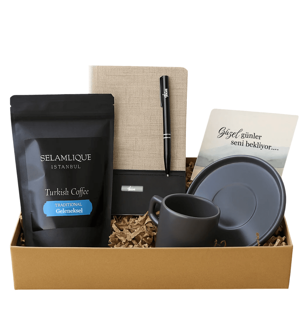 Dokulu Defter & Kalem & Fincan & Selamlıque Paket Kahve Hediye Seti