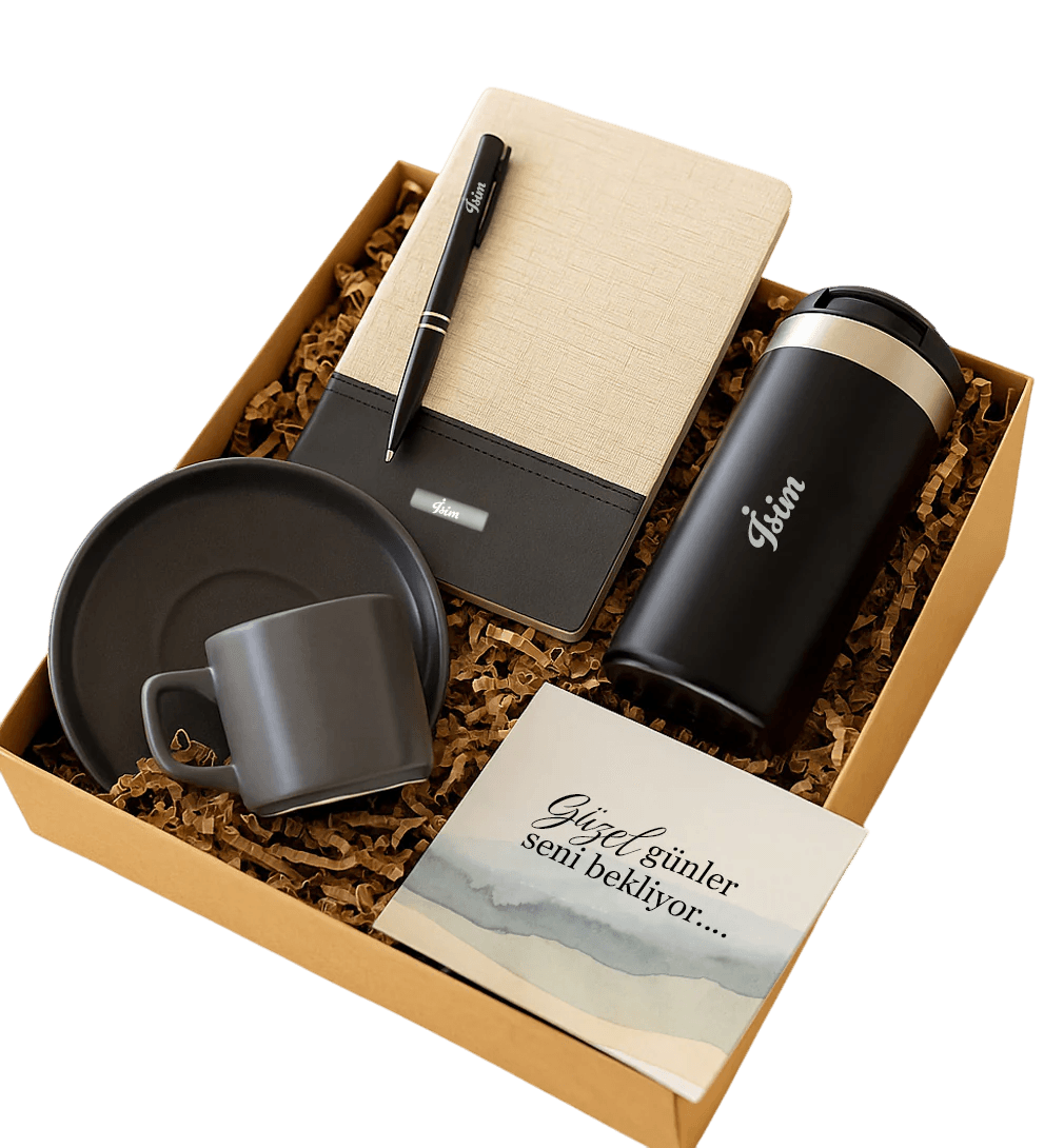 Dokulu Defter & Kalem & Fincan & Termos Hediye Seti