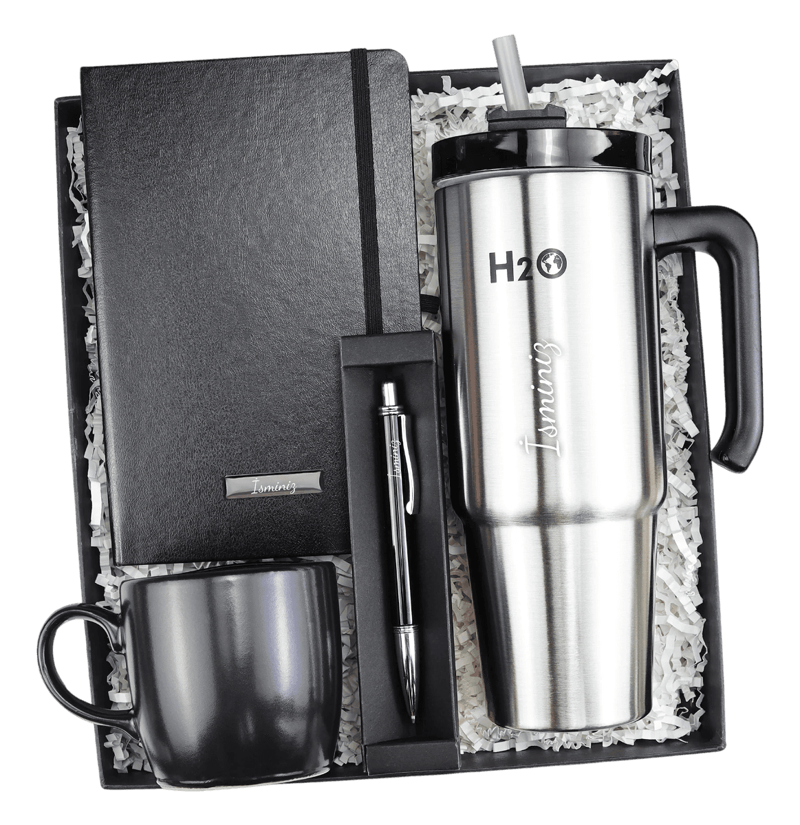 Pipetli 900ml Termos & Siyah Defter & Siyah Tükenmez Kalem & Siyah Kupa Hediye Seti