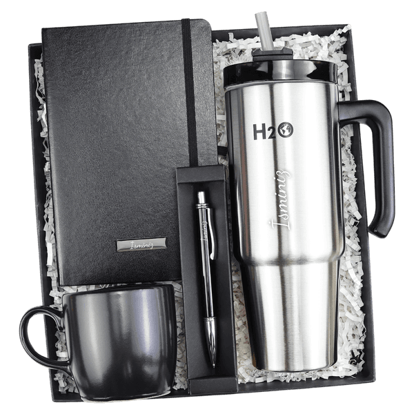 Pipetli 900ml Termos & Siyah Defter & Siyah Tükenmez Kalem & Siyah Kupa Hediye Seti