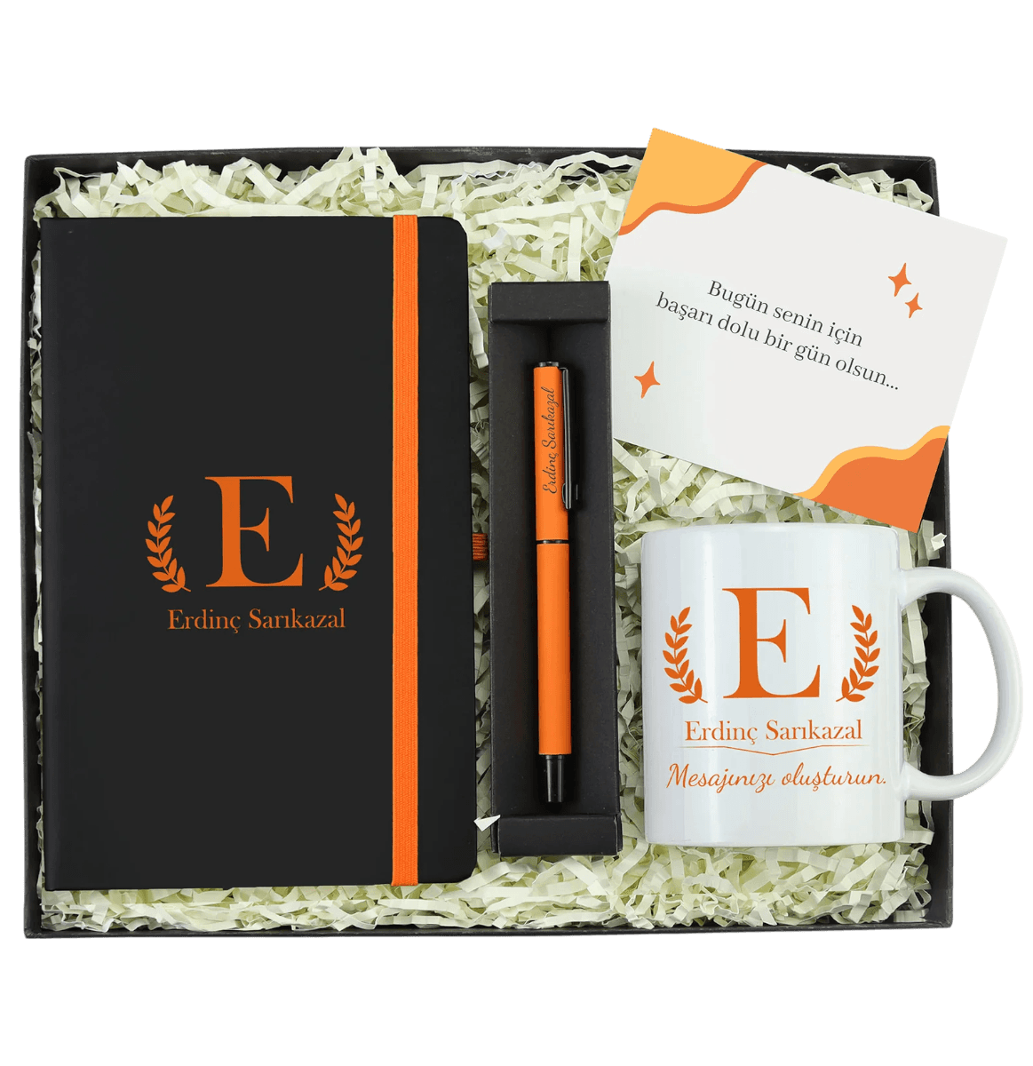 Siyah Turuncu Tasarım Defter & Turuncu Mat Roller Kalem & Kupa Hediye Seti
