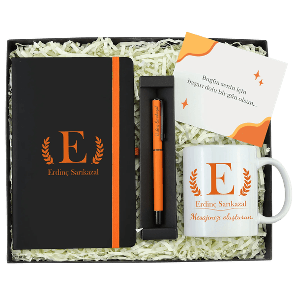 Siyah Turuncu Tasarım Defter & Turuncu Mat Roller Kalem & Kupa Hediye Seti