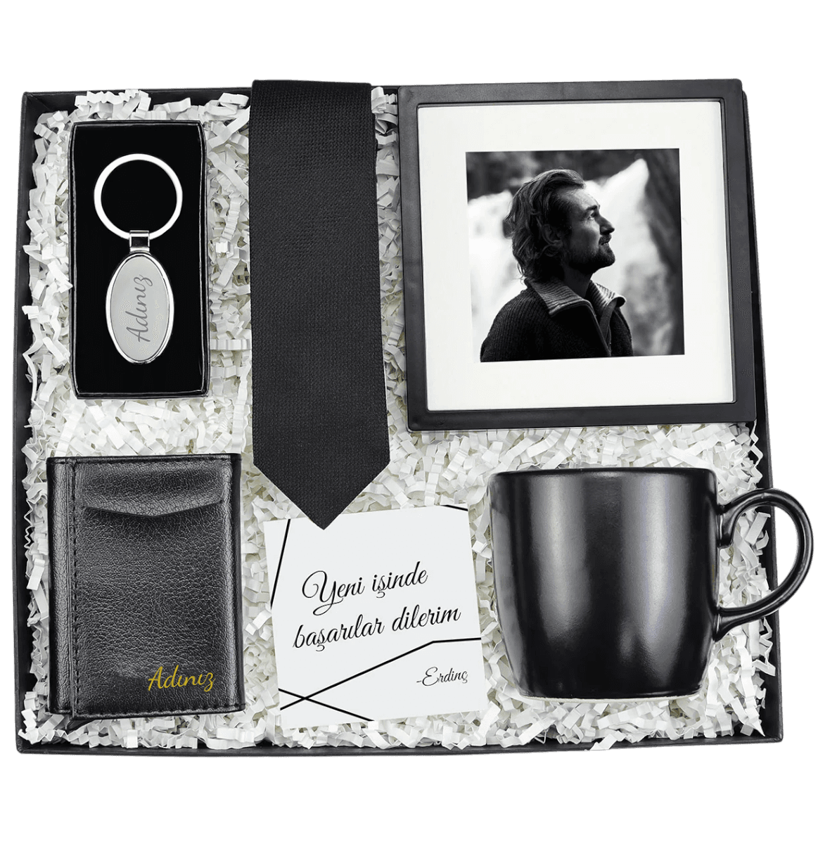 Paspartu Çerçeve & Mekanizmalı Kartlık & Kravat & Siyah Kupa & Anahtarlık Hediye Seti